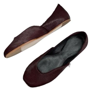 Imagem de Mocassins femininos elegantes elegantes de couro genuíno de crina de cavalo de verão 2025, Borgonha, 38