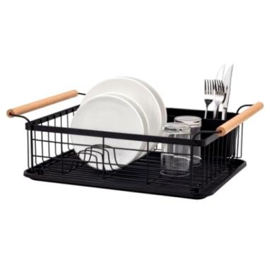 Imagem de Escorredor de Louça Elegance Preto Cozinha e Pia Madeira com porta talher 9 Pratos Balcão BSMIX