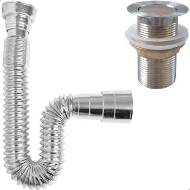 Imagem de Dona D.cor, Kit Válvula Click Inox 1 1/4 E Sifão De Plástico Cromado Sanfonado Ralo Pia Cuba Banheiro Lavatório