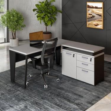 Imagem de Mesa L Escritório 1,5m Pé Metal Armário 3 Gavetas 1 Porta F5 - F5 Offi