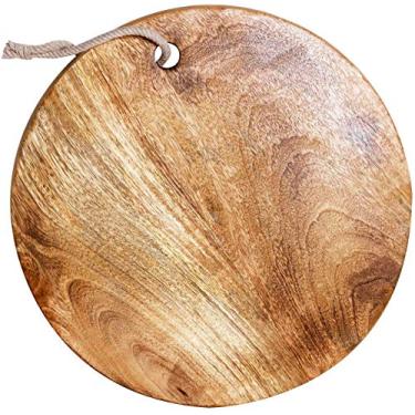 Imagem de Tábua de cortar redonda feita à mão de madeira para cozinha doméstica | Tábua de servir de madeira, travessa para legumes, frutas, queijo, pizza - 33 cm de diâmetro