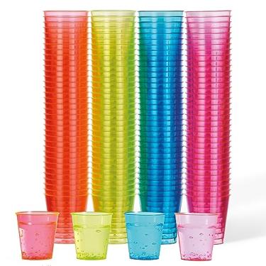 Imagem de MATANA 150 copos de shot de plástico neon (28 g), copos de dose de festa para degustação de vinho, condimentos, molhos, doses de gelatina e mais - resistentes e reutilizáveis