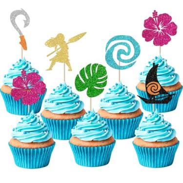 Imagem de Rsstarxi 30 Pack Moana Cupcake Toppers Glitter Palm Leaf Flower Cupcake Picks Tropical Hawaiian Luau Cupcake Decorations for Moana Baby Shower Birthday Party Cake Decorations