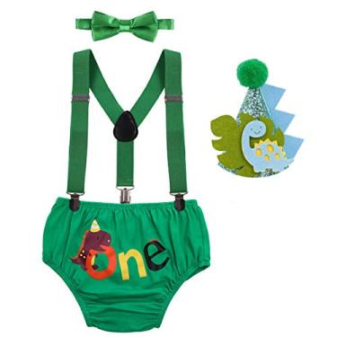 Imagem de FYMNSI Roupa de bebê menino dinossauro 1º aniversário festa pescaria bolo esmagamento shorts suspensórios gravata borboleta chapéu dinossauro foto adereços fantasia, Dino One verde, 12-18 Meses