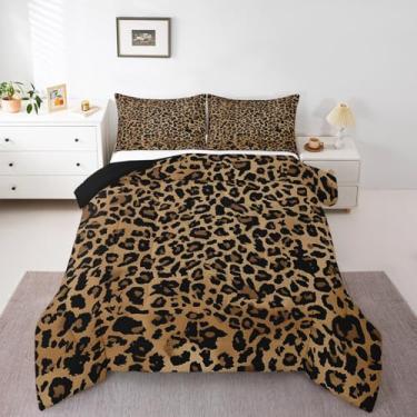 Imagem de Feelyou Conjunto de edredom Queen com estampa de animais e leopardo, preto, marrom, para meninos, meninas, adolescentes, guepardo, respirável, macio, feminino, masculino, safári, decoração de quarto