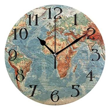 Imagem de Relógio de parede retrô com mapa-múndi de continentes e ilhas de 24 cm, sem tique-taque, silencioso, redondo, de quartzo, analógico, decorativo, para sala de estar
