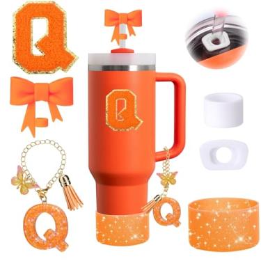 Imagem de Conjunto de 6 peças de acessórios de copo Stanley laranja adequado para Stanley Cup 850.5 g 1,134 g, incluindo tampa à prova de derramamento, bota de silicone brilhante, topo de palha em forma de laço