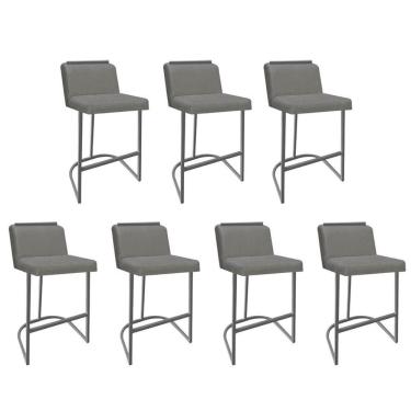 Imagem de Kit 07 Banquetas Com Encosto Nynna Luxo Confort Bistrô Cozinha Ferro Cinza Linho Cinza - Amey Decor
