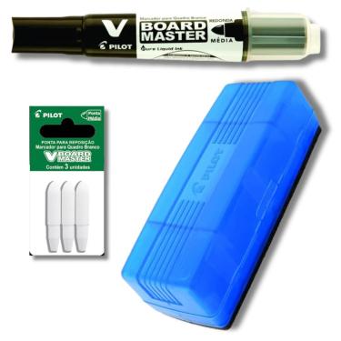 Imagem de Kit Marcador Quadro Branco Recarregável + Apagador De Quadro Branco + Ponta Para Marcador Pilot Preto