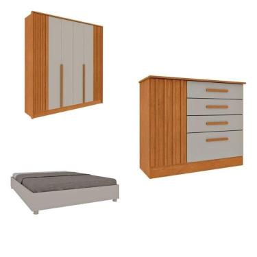 Imagem de Quarto Casal Completo Guarda-roupa 6 Portas E Cômoda 4 Gavetas Ripado Nova York E Cama Queen Mônaco Cinamomo-off White