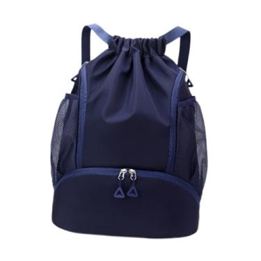 Imagem de Vaveren Mochila com cordão e compartimento para sapatos, bolsa leve com bolsos laterais, mochila para basquete e atividades ao ar livre para homens mulheres, Azul Escuro