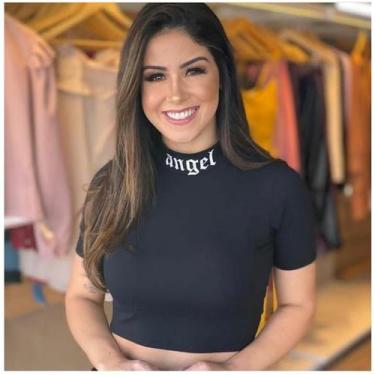 Imagem de blusa cropped feminino gola alta manga curta angel fashion - Filó Moda