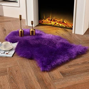 Imagem de duduta Tapete roxo de pele de carneiro sintética 6 x 0,9 m, capa de cadeira de pele felpuda pequena tapete de cabeceira antiderrapante lavável na máquina