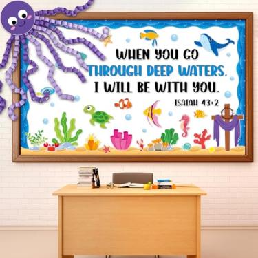 Imagem de Conjunto de quadro de avisos de verão sob o mar, decorações de sala de aula, animais marinhos, quadro de avisos, faça você mesmo, polvo 3D, recortes de versículos religiosos da Bíblia para escola