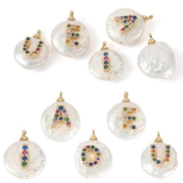Imagem de Beadthoven 5 peças pingentes de pérolas naturais de água doce latão dourado zircônia cúbica AEIOU Vogal pingente de pérola real 13-16 mm pepitas redondas planas pingentes de pérolas pendentes para