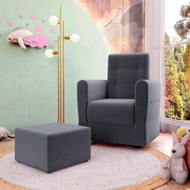 Imagem de Poltrona Decorativa Pés Balanço com Puff Ninho Suede Cinza