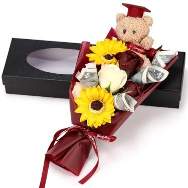Imagem de Soulchen 3 buquê de flores perfumado de girassol rosa de 33 cm, mini urso de formatura de pelúcia com tampa de graduação, caixa de presente para estudantes, mulheres, homens, meninas, lembrancinhas de