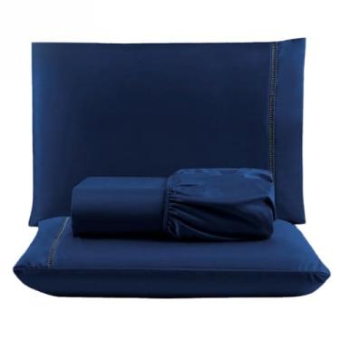 Imagem de Jogo de Lençol Casal Queen Solteiro King Berço Extra Macio 400 Fios Micropercal Com Ponto Palito (AZUL MARINHO, QUEEN)