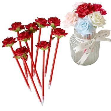 Imagem de 12 canetas esferográficas criativas de flores artificiais, rosa, caneta de tinta preta para dia dos namorados, decorações de casamento, material escolar de escritório - vermelha