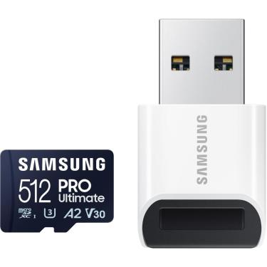 Imagem de SAMSUNG PRO Ultimate + Reader Cartão de memória microSDXC de 512 GB, até 200 MB/s, UHS-I, C10, U3, V30, A2-MB-MY512SB/AM