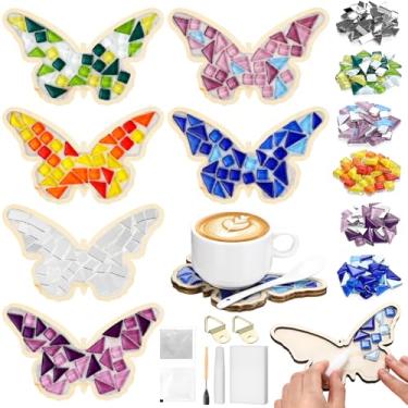 Imagem de Honeydak 6 conjuntos de mosaicos de vidro borboleta DIY com 6 conjuntos de porta-copos de madeira para fabricação de mosaicos artesanais, kit de vitrais mistos para presentes coloridos feitos à mão