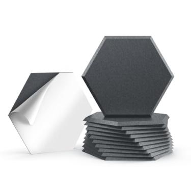 Imagem de JISUO Pacote com 12 painéis de parede acústicos hexagonais autoadesivos, painéis à prova de som de alta densidade de 30,5 x 26,4 cm x 1 cm para paredes, azulejos acústicos decorativos para estúdio de