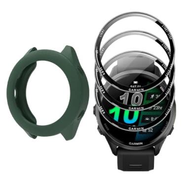 Imagem de Protetor de tela de relógio (3 + 1 pacote) compatível com Garmin Forerunner 970, cobertura total 3D moldura borda curva filme PET anti-riscos alta definição e capa protetora TPU (verde)