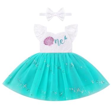 Imagem de Vestido de tule e faixa de cabeça de renda sereia de morango para meninas de 1º aniversário