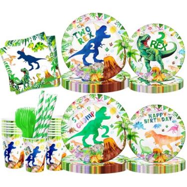 Imagem de pratos de papel de aniversário de dinossauro aquarela guardanapos copos e garfos servem 24 convidados (verde dois rex)
