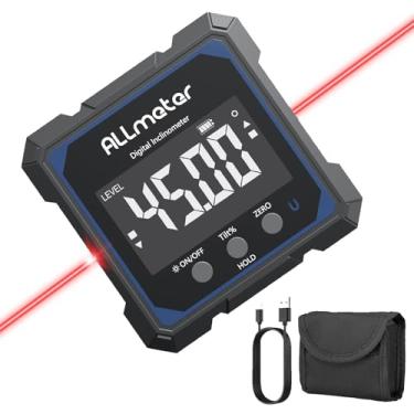 Imagem de ALLmeter Localizador de ângulo digital recarregável por USB com laser – inclinômetro magnético de 4 lados, resolução de 0,05°, nível digital IP54 com tela retroiluminada, ferramenta de medidor