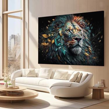 Imagem de Quadros Decorativos para Quarto Sala 90x60 Leão Abstrato com Folhas Grande Escritório Hall