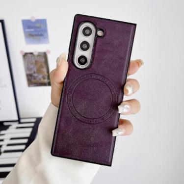 Imagem de HJZSZX Para Samsung Galaxy Z Fold6 Luxo Cor Sólida Couro Magnético Sem Fio Carregamento Telefone Capa À Prova de Choque Capa Traseira (Para Samsung Galaxy Z Fold6/Roxo)