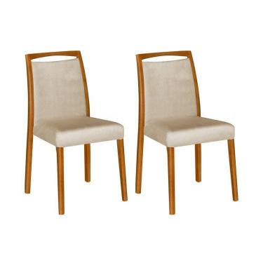 Imagem de Kit 2 Cadeiras De Jantar Luxo Estofadas Jade Linho Bege Base Madeira Maciça Mel