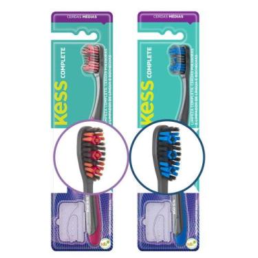 Imagem de Kit 2 Escova de Dente Cerdas Médias Azul e Rosa Kess Complete Limpador