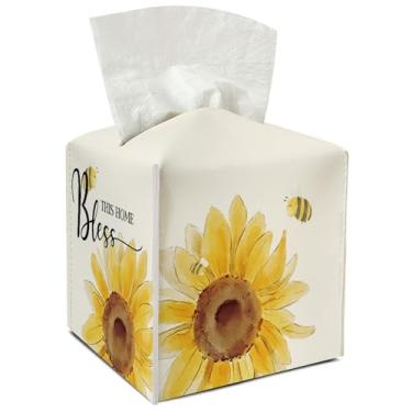 Imagem de Porta-lenços de couro girassol com cinto inferior ideal para mulheres inauguração de casa de banho verão presente caixa de lenços casa de banho carro criado-mudo vaidade cozinha decoração impermeável