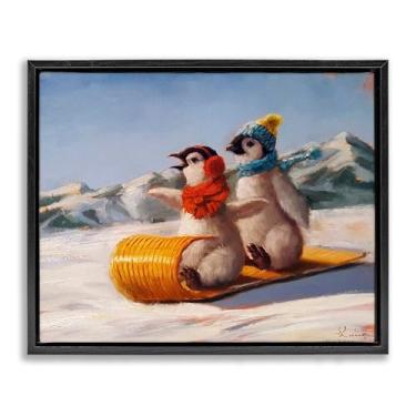 Imagem de Stupell Industries Toboggan Sleigh Ride Penguins Black Framed Floater Canvas Wall Art Design por Lucia Heffernan, 17 x 21