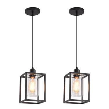 Imagem de AOJUNSANSAN Luzes pendentes pretas para lanterna industrial de ilha de cozinha com sombra de vidro transparente, iluminação pendente suspensa de altura ajustável para casa de fazenda