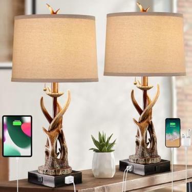 Imagem de BOWOBO Conjunto de 2 candeeiros de mesa rústicos com portas USB A+C para quarto de fazenda, veado, candeeiro de cabeceira com abajur de linho para sala de estar, mesa de canto temática de caça