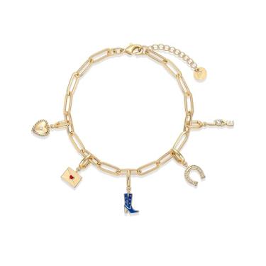 Imagem de PAVOI Pulseira ajustável banhada a ouro 14K para mulheres | Pulseira de corrente com pingente de barra torcida e clipe de papel com lua, olho turco, urso de pelúcia, cadeado de coração, avião