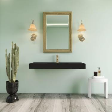 Imagem de HIGEINE Pia de banheiro premium para montagem na parede - pia de vaso de vaidade de superfície sólida de resina de pedra preta fosca, design moderno pendurado na parede ou bancada, bacia retangular de