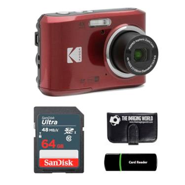 Imagem de Câmera digital Kodak PIXPRO FZ45 de 16 MP, zoom óptico de 4x, ângulo amplo de 27 mm, 1080p, câmera LCD Full HD de 2,7 polegadas (vermelha) + cartão e leitor de 64 GB + pacote de carteira de memória