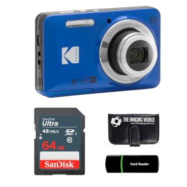 Imagem de Câmera digital Kodak PIXPRO FZ55 azul de 16 MP, zoom óptico de 5x, ângulo amplo de 28 mm, 1080p, câmera LCD Full HD de 2,7 polegadas + cartão e leitor de 64 GB + carteira de memória