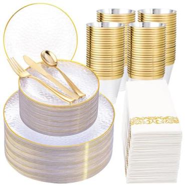 Imagem de Conjunto de pratos de plástico Rubtlamp Clear-Gold 350 unidades para f