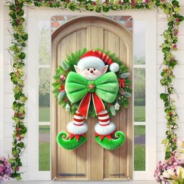 Imagem de BlissYard Elf Merry Christmas Door Banner 89 x 189 cm Decoração de porta da frente de férias com chapéu de laço verde pinhas pernas de bengala doce para exibição de parede interna ao ar livre inverno