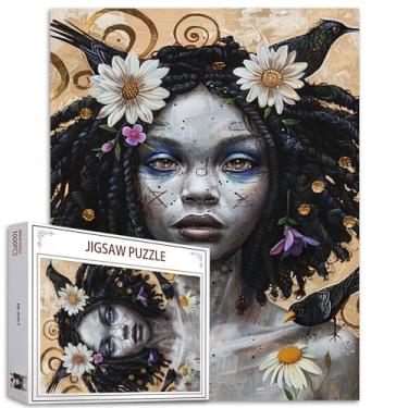 Imagem de Quebra-cabeça de menina sexy com flor, 1000 peças para adultos, famílias (mulher, pássaro, flores silvestres, plantas), peças se encaixam perfeitamente 40 x 70 cm cabelo encaracolado feminino