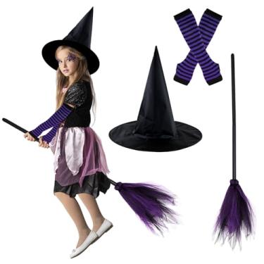 Imagem de NSVJVY Conjunto de acessórios de fantasia de bruxa de Halloween, chapéu de bruxa preto, vassoura voadora, festa de cosplay de Halloween para mulheres, Roxa, 38x36cm