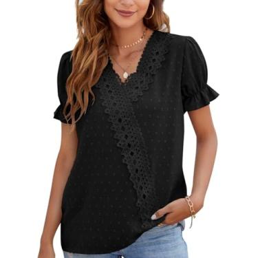 Imagem de Blusa Feminina De Renda Com Decote Em V De Crochê Chiffon Folha De Lótus Manga Curta Flowy T-shirts Blusa De Bolinhas Suíças Lazer Cor Sólida Tee Top Lace Cross Chiffon Re, C-black, XXL