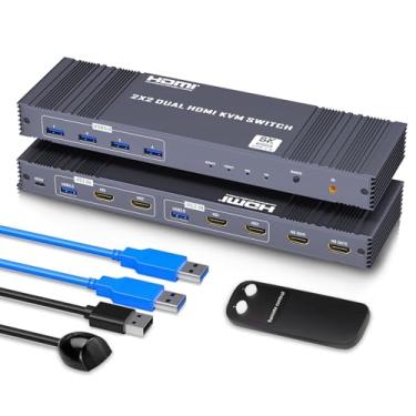 Imagem de Interruptor KVM HDMI duplo 8K, 2 monitores, 2 computadores 8K @60Hz/4K@144Hz, suporta 2 monitores duplos de computador e 4 dispositivos USB 3.0, compartilhe a impressora do mouse com o controle IR