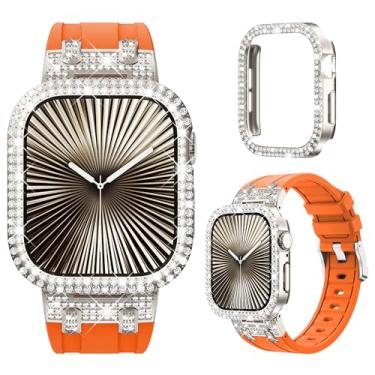 Imagem de NewWays Pulseira feminina de silicone para Apple Watch Série 11 10 de 46 mm, designer de luxo, diamantes brilhantes de 2 fileiras com adaptadores de metal para S11 S10, pulseiras iwatch