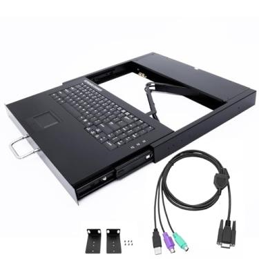 Imagem de Teclado de montagem em rack 1U com cabo USB/PS2, gaveta de teclado de 99 teclas com touchpad, altura 1U, bandeja de teclado de montagem em rack de estrutura metálica, para rack de 48 cm